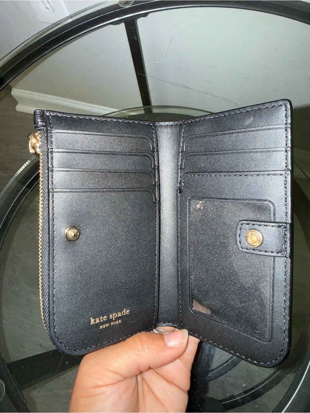 kate spade black leather bifold card wallet with zip coin pocket